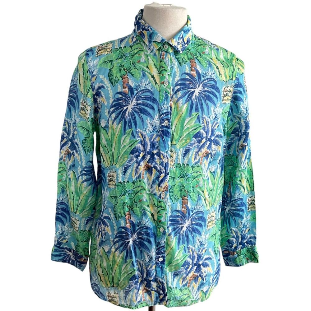 100 % Linen J McLaughlin Floral Palm Button Front Shirt L - Picture 3 of 10